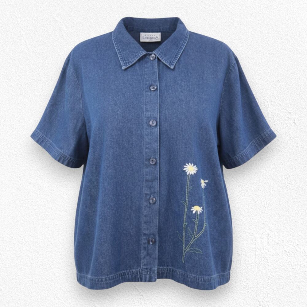 Vintage 90s Vintage Daisy Embroidered Cottagecore Denim Shirt Jacket Size 18